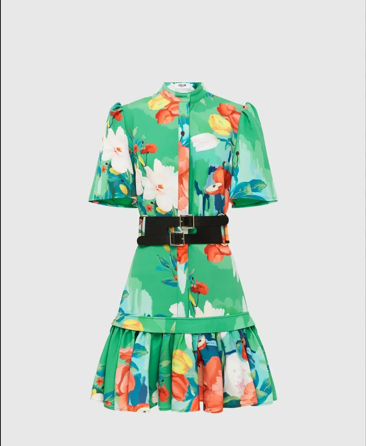 Leo Lin Florescence Mini Shirt Dress Lily Pad Green Floral Size 14 for rent on The Volte - main image