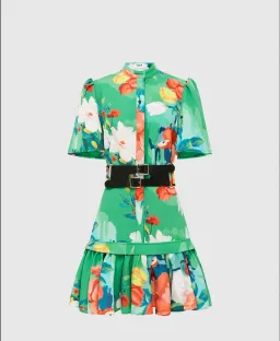 Leo Lin Florescence Mini Shirt Dress Lily Pad Green Floral Size 14 for rent on The Volte - image 1