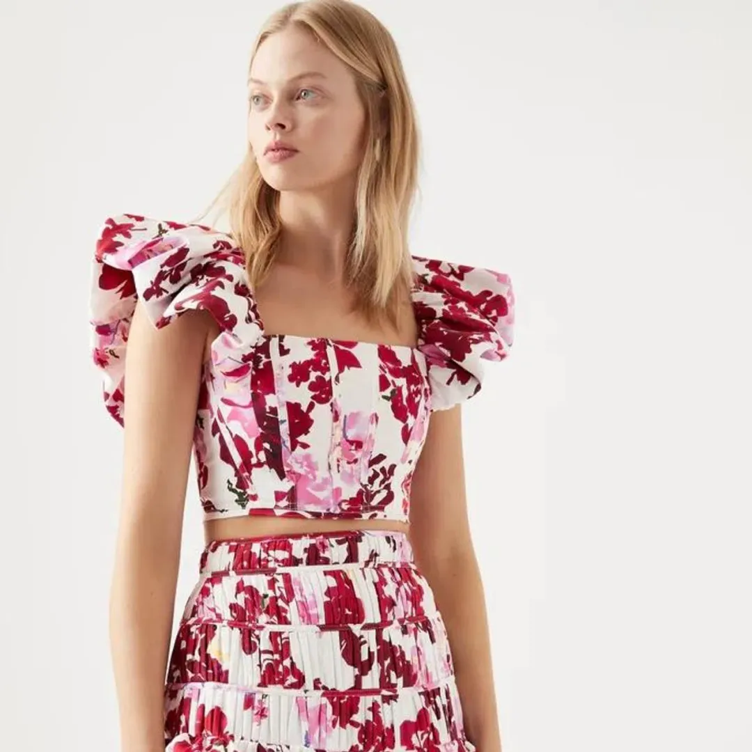 Aje Margot Bubble Frill Top and Unlace Short Set Floral Size 10-12 for rent on The Volte - main image