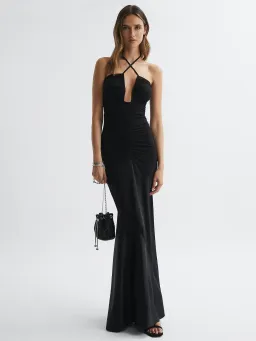 Reiss Thalía Plunge Neck Halter Maxi Dress in Black Size 6 for rent on The Volte - image 1
