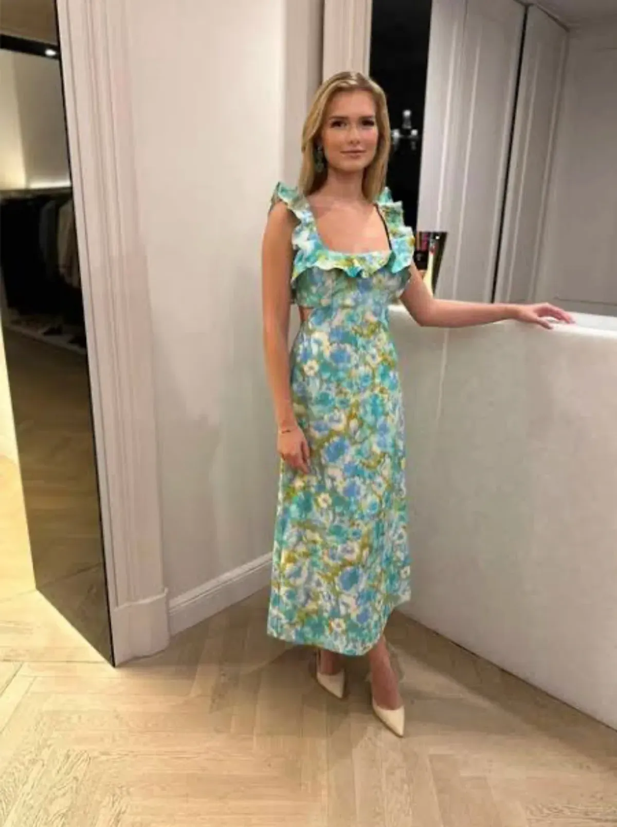 Zimmermann High Tide Ruffle Midi Dress Aqua Ikat Floral Size 1 / AU 10 - Image 5