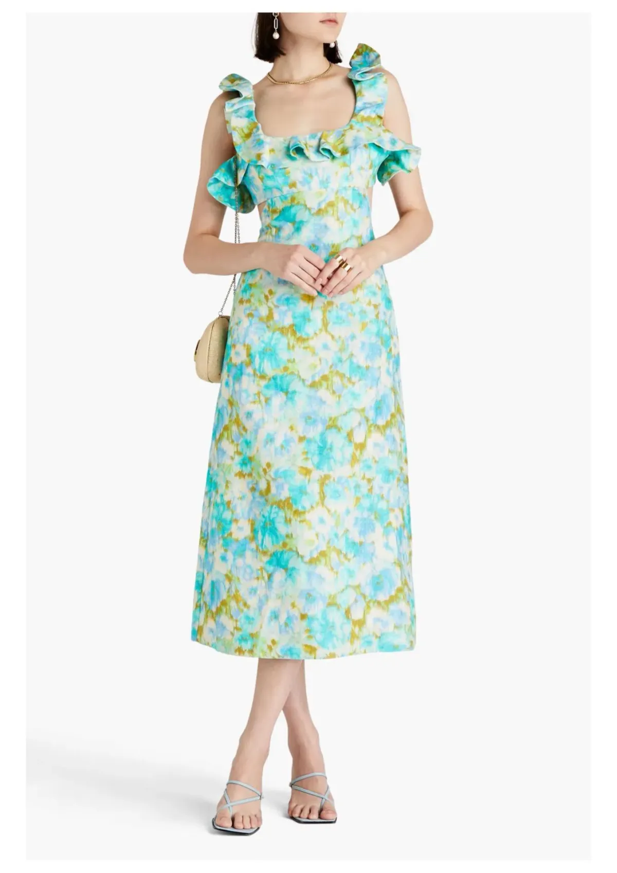 Zimmermann High Tide Ruffle Midi Dress Aqua Ikat Floral Size 1 / AU 10 - Image 1