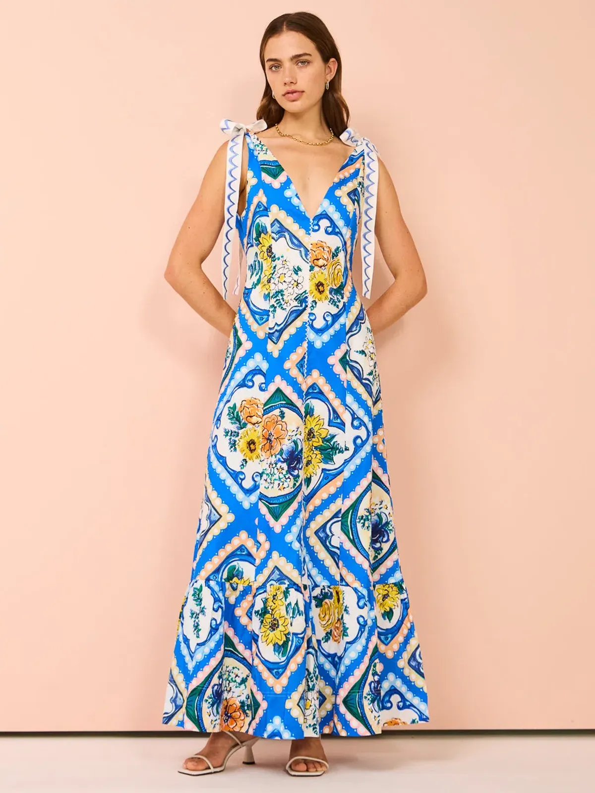 By Nicola Adoncia Tie Shoulder Maxi Dress in Azure Floral Size 12 for rent on The Volte - main image