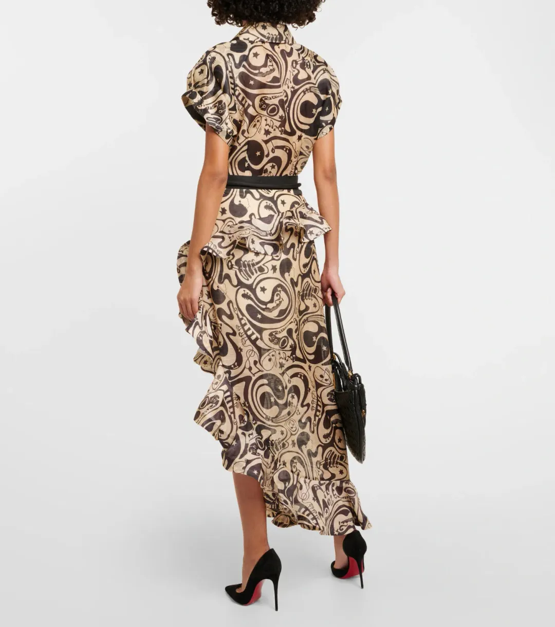 Zimmermann Matchmaker Fitted Blouse & Waterfall Skirt Set Black Tea Abstract Musical Size 0 / 8 AU for rent on The Volte - main image