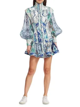 Zimmermann Glassy Long Sleeve Mini Dress Spliced Blue Ikat Size 0 / 8 AU for rent on The Volte - image 1