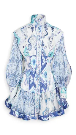 Zimmermann Glassy Long Sleeve Mini Dress Spliced Blue Ikat Size 0 / 8 AU for rent on The Volte - image 3