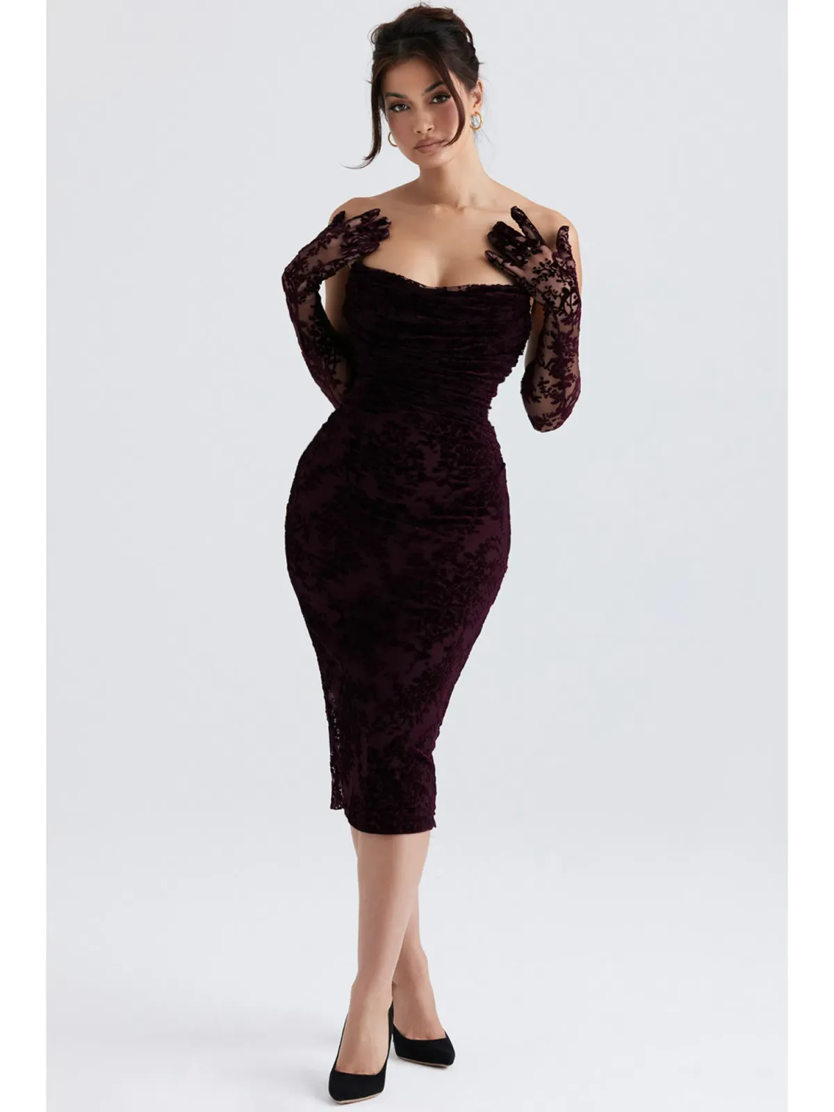 House Of CB Isadora Devore Corset Dress Black Cherry Size XS / AU 6 for rent on The Volte - main image