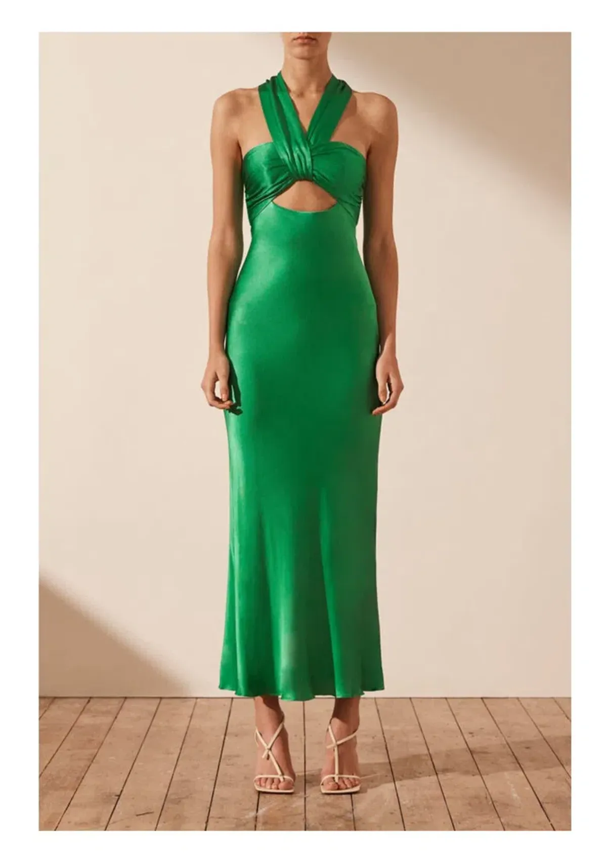Shona Joy Lana Ruched Halter Midi Dress Tree Green Size AU 8 for rent on The Volte - main image