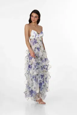 Menti Santorini Iris Flower Maxi Dress Blue Roses Chiffon Print Size XS / AU 6 for rent on The Volte - image 1