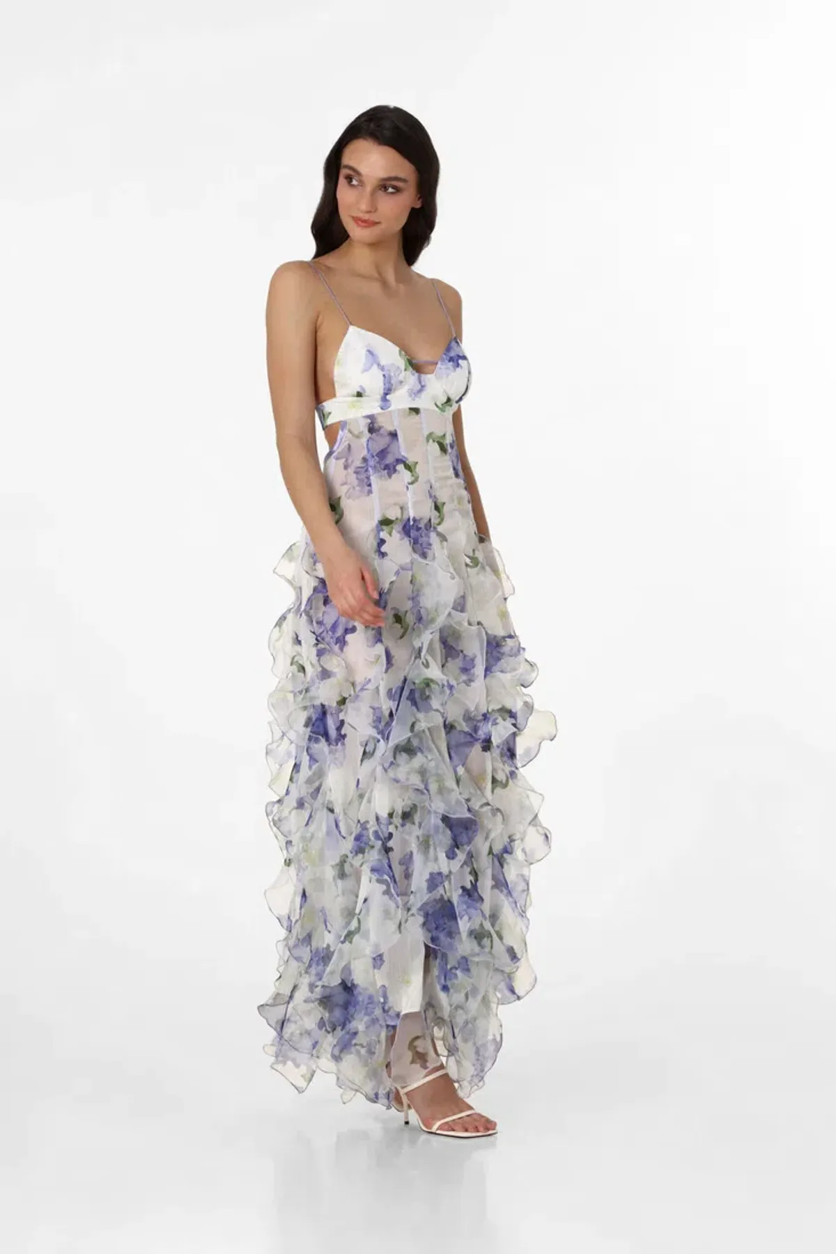 Menti Santorini Iris Flower Maxi Dress Blue Roses Chiffon Print Size L / AU 12 for rent on The Volte - main image