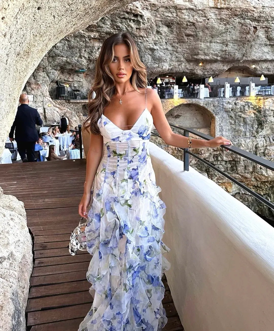 Menti Santorini Iris Flower Maxi Dress Blue Roses Chiffon Print Size L / AU 12 for rent on The Volte - main image