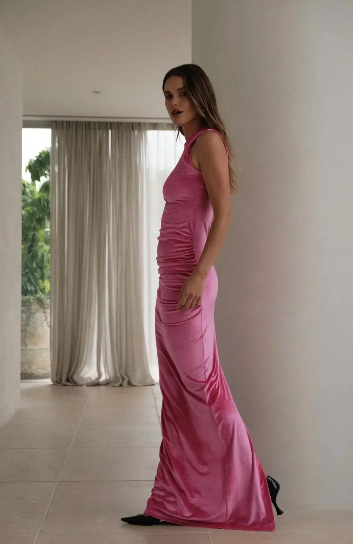 With Harper Lu Ruched Velour Maxi Dress Fuchsia Size M / AU 10 - Image 6