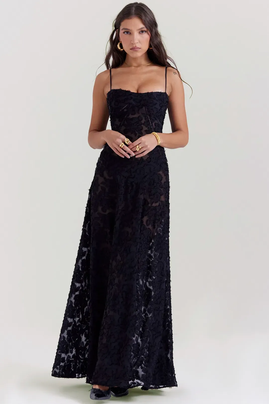 House Of CB Seren Lace Back Maxi Dress Black Floral Size S / AU 8 for rent on The Volte - main image