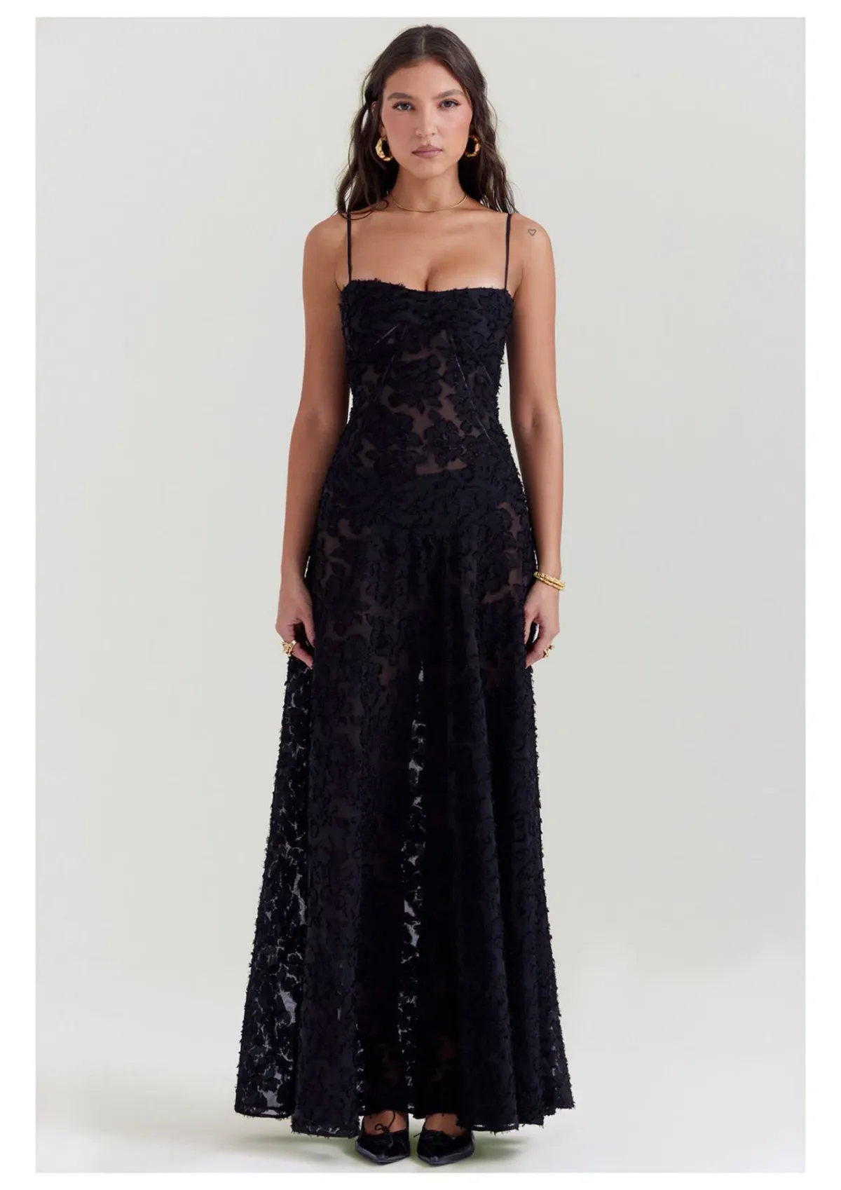 House Of CB Seren Lace Back Maxi Dress Black Floral Size S / AU 8 for rent on The Volte - main image