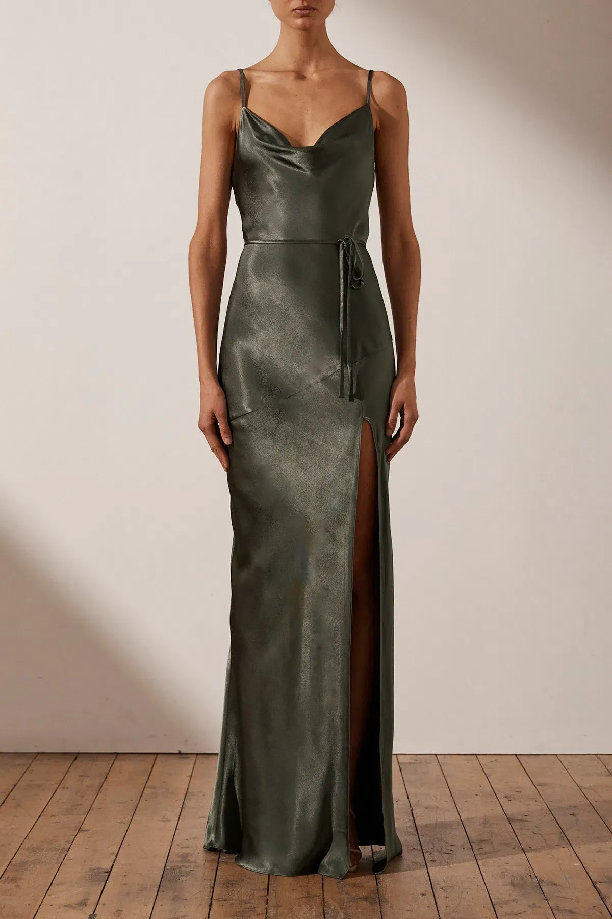 Shona Joy La Lune Bias Cowl Maxi Dress In Olive Size 8 for rent on The Volte - main image