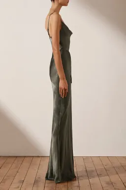Shona Joy La Lune Bias Cowl Maxi Dress In Olive Size 8 for rent on The Volte - image 3