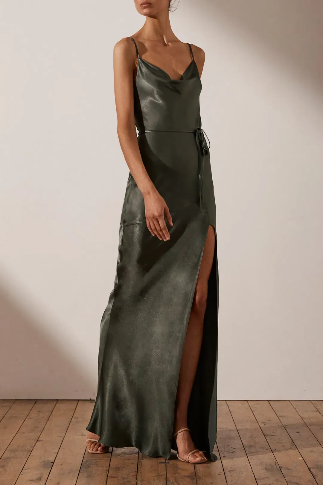Shona Joy La Lune Bias Cowl Maxi Dress In Olive Size 8 for rent on The Volte - main image