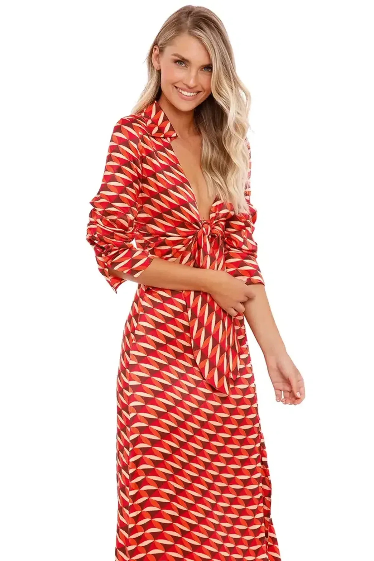 Nicholas Perle Tie Front Midi Dress in Geo Print Size 16 - Image 1