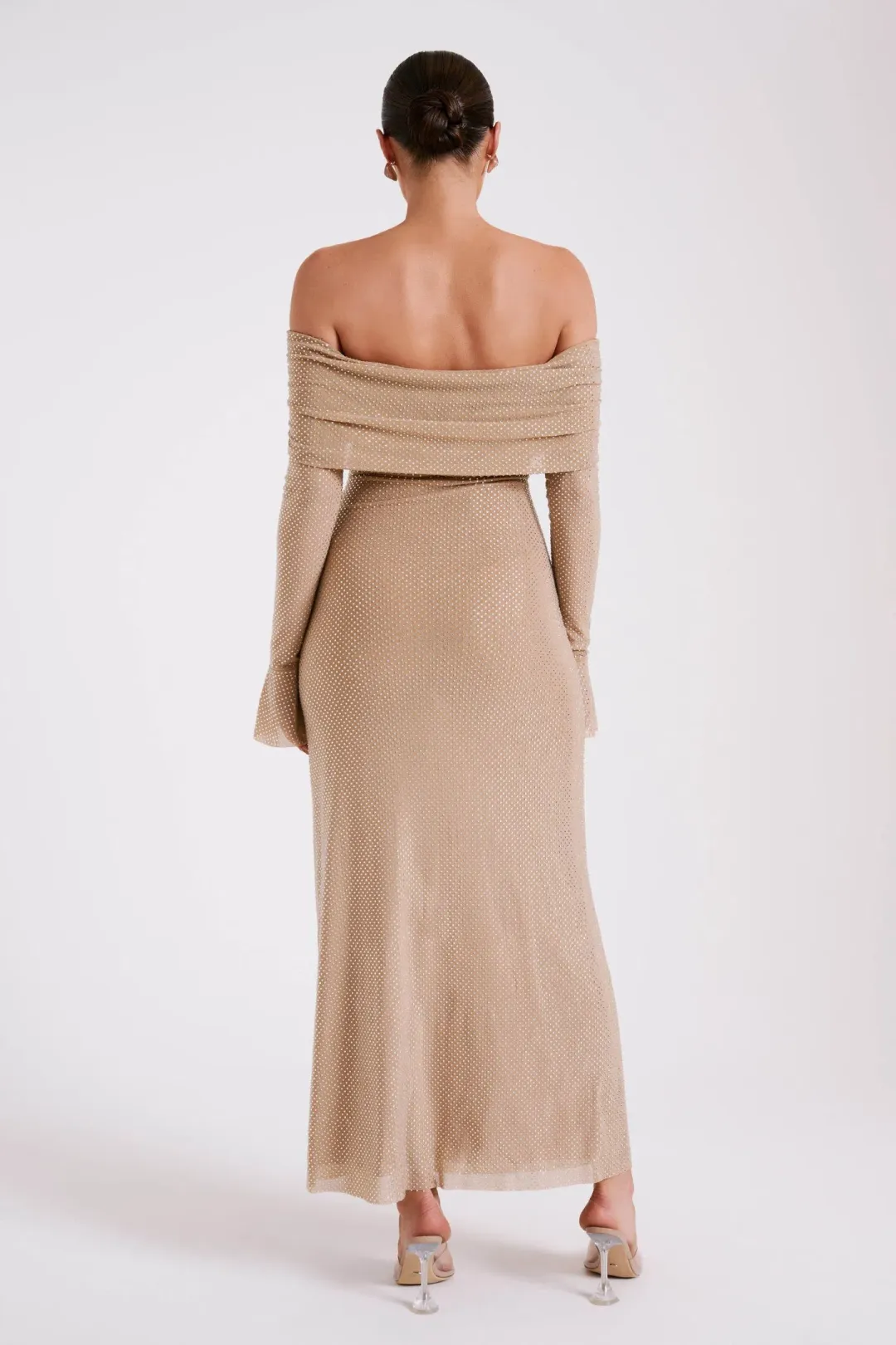 Meshki Marcel Off Shoulder Diamante Maxi Dress Nude for rent on The Volte - main image