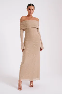 Meshki Marcel Off Shoulder Diamante Maxi Dress Nude for rent on The Volte - image 1