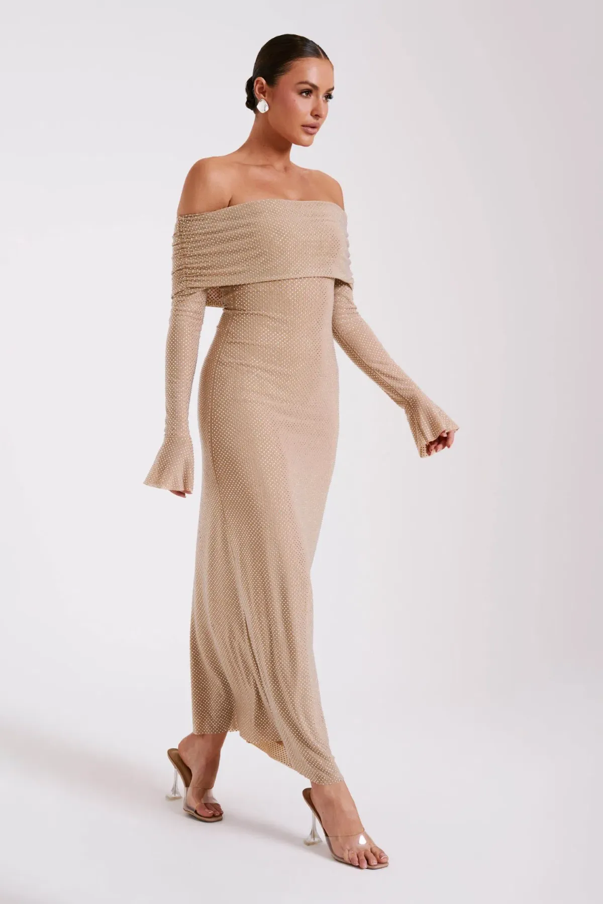 Meshki Marcel Off Shoulder Diamante Maxi Dress Nude - Image 2