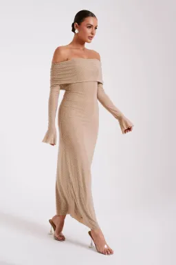Meshki Marcel Off Shoulder Diamante Maxi Dress Nude for rent on The Volte - image 2
