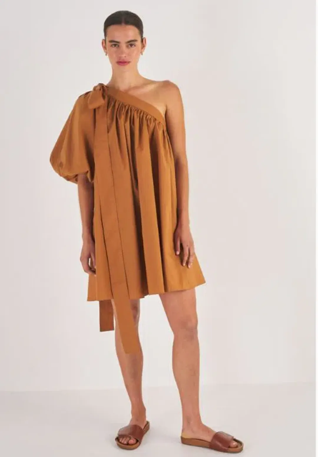 Oroton One Shoulder Gathered Dress Brown Size 12 for rent on The Volte - main image