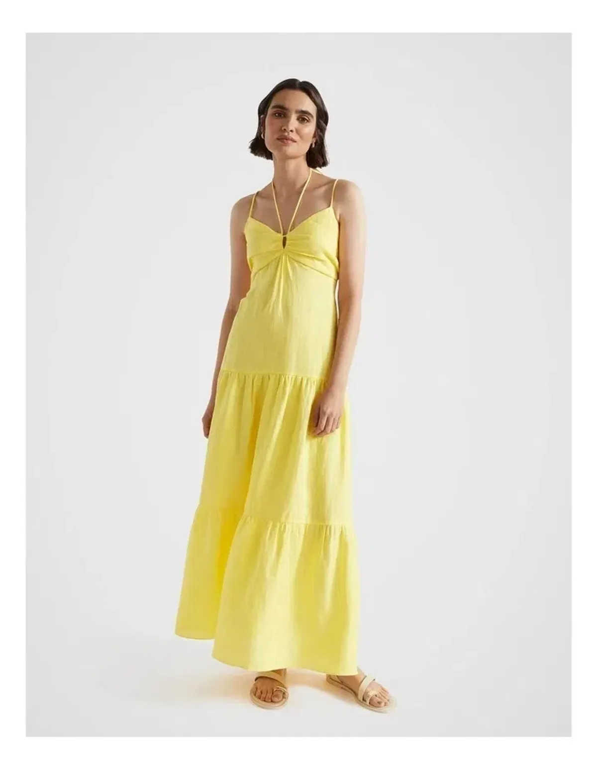 Seed Linen Tiered Dress Yellow Size 8 - Image 1