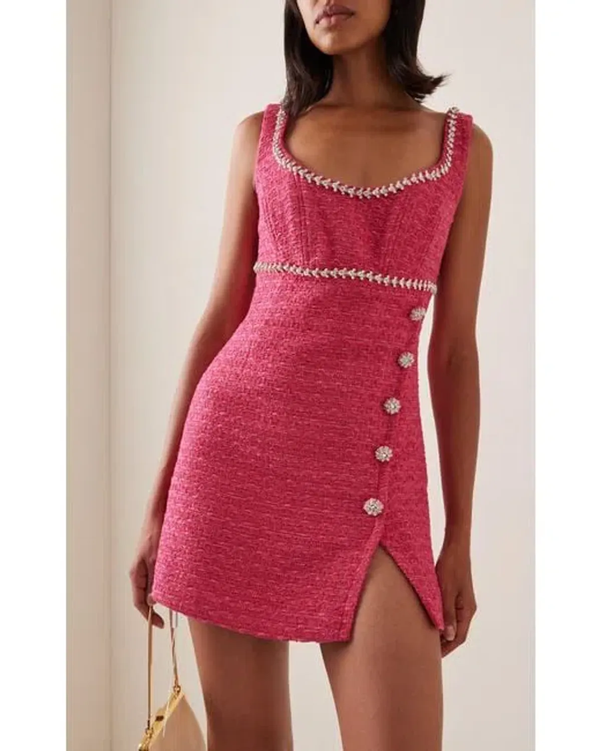 Self Portrait Crystal Embellished Tweed Bouclé Mini Dress Pink Size 8 - Image 2