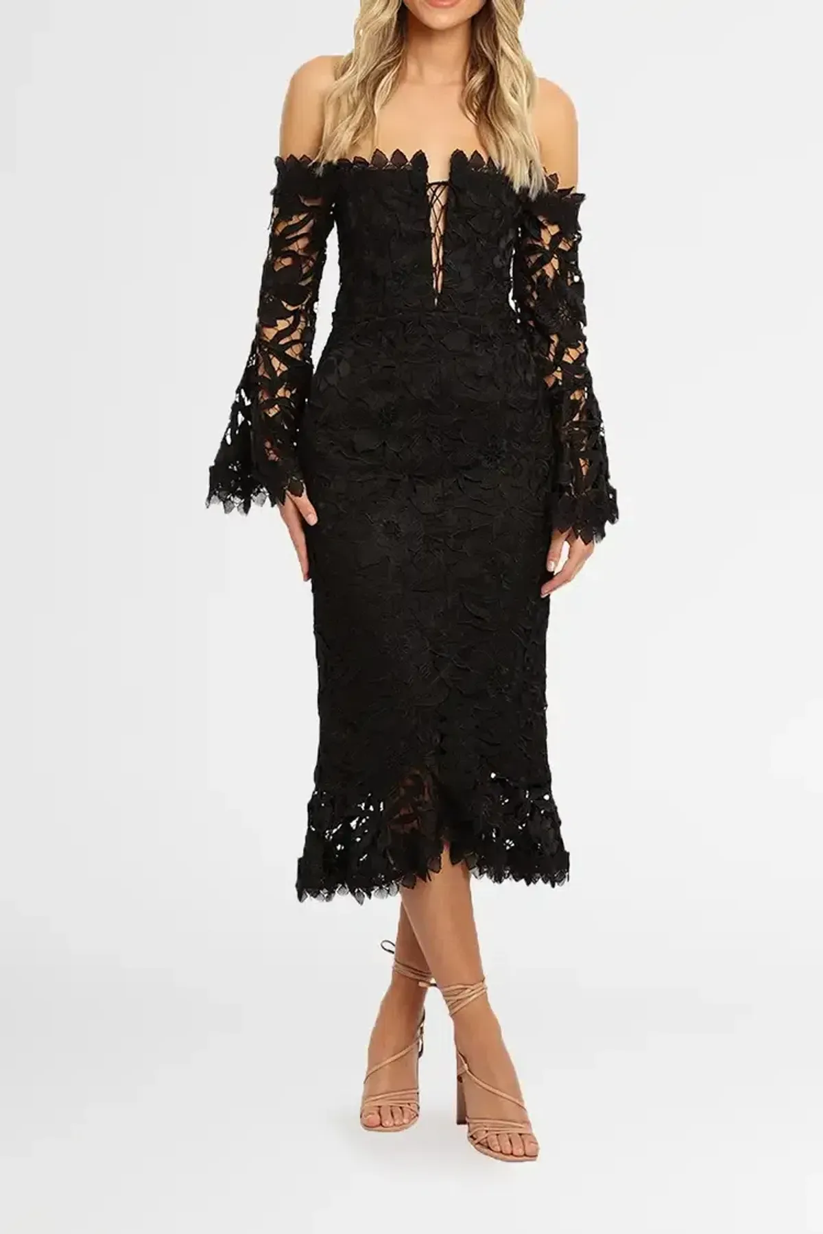 Nicholas Botanical Lace Cocktail Midi Dress in Black Size 8 - Image 1