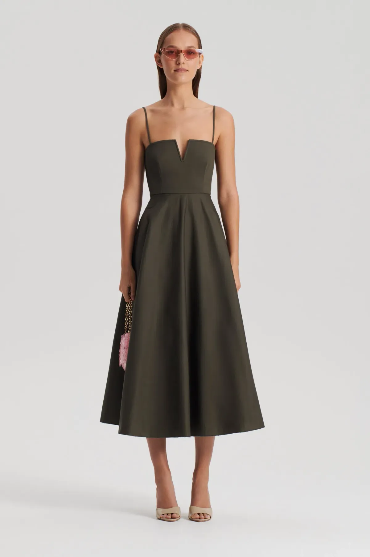 Scanlan Theodore Sateen Resin Trim Dress Khaki Size 10 - Image 2