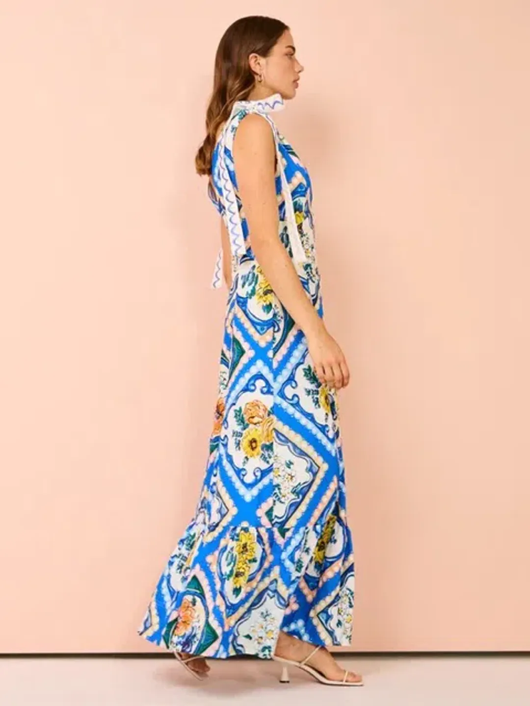 By Nicola - Adoncia Tie Shoulder Maxi Dress In Azure Floral - Size 8 for rent on The Volte - main image