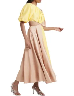 Aje Caliente Two Tone Puff Sleeve Midi Dress Daisy Yellow/Coast Beige Size 8 for rent on The Volte - image 2