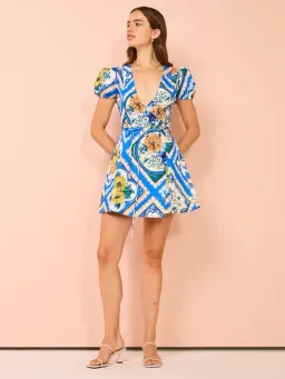 By Nicola - Havana Wrap Mini Dress In Azure Floral - Size 8 (Fits 6-8 best) for rent on The Volte - image 1