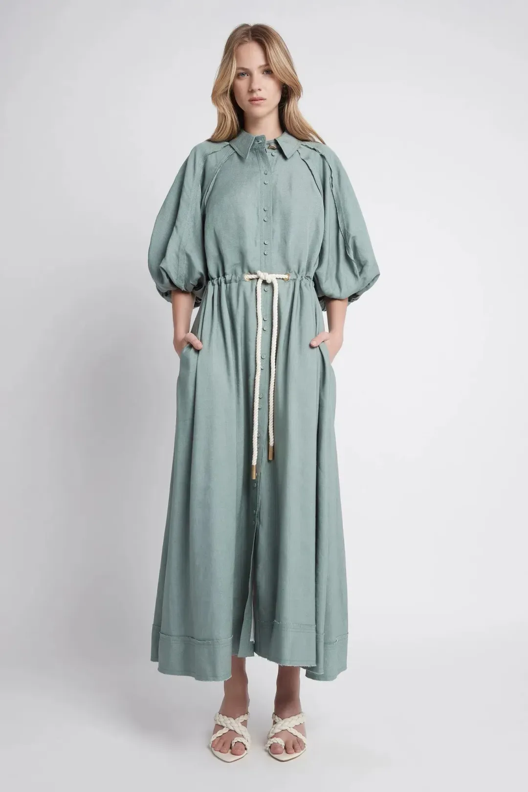Aje Bonjour Belted Shirt Midi Dress Green Size 16 for rent on The Volte - main image