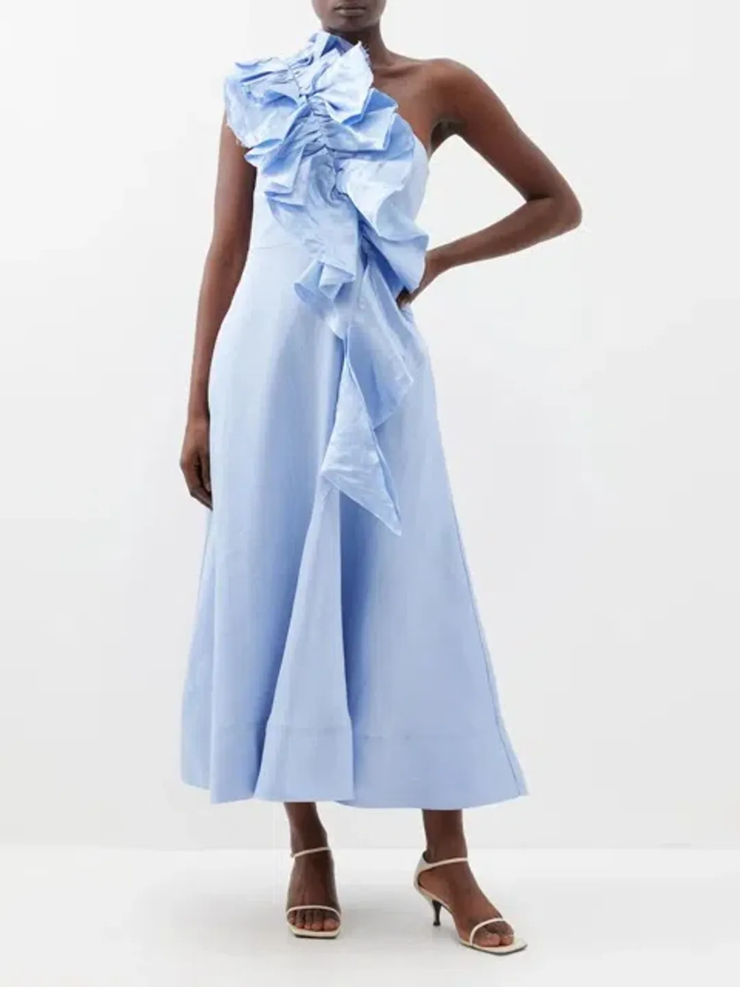 AJE - Adelia One Shoulder Ruffled Linen Blend Dress Light Sky Blue - Size 14 for rent on The Volte - main image