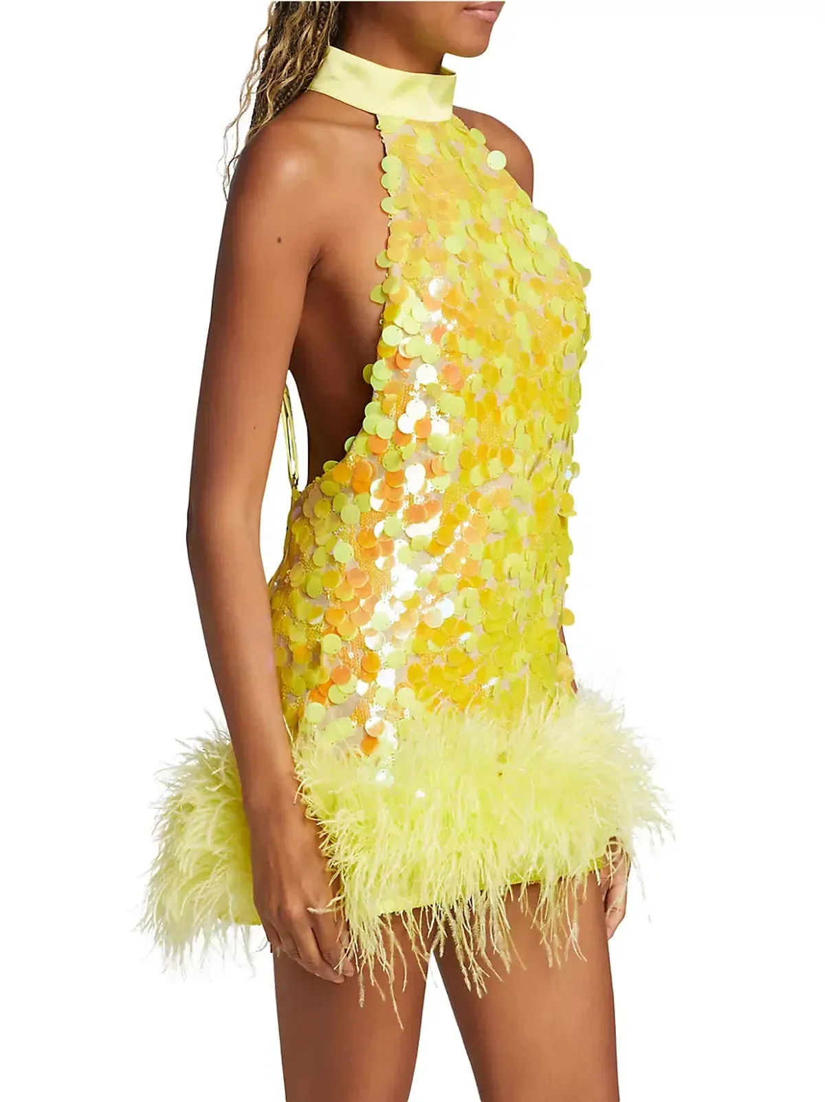 Bronx and Banco Izzy Sequin & Feather Mini Dress Yellow Size AU 6 - Image 3