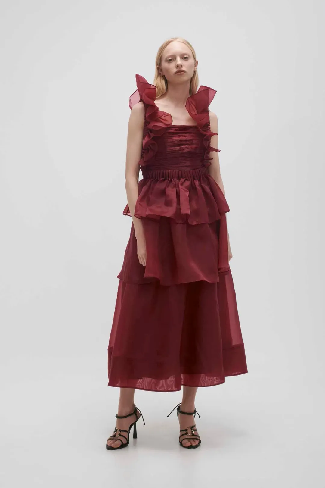 AJE ASRA PLEATED FRILL MIDI DRESS RED SIZE 8 for rent on The Volte - main image