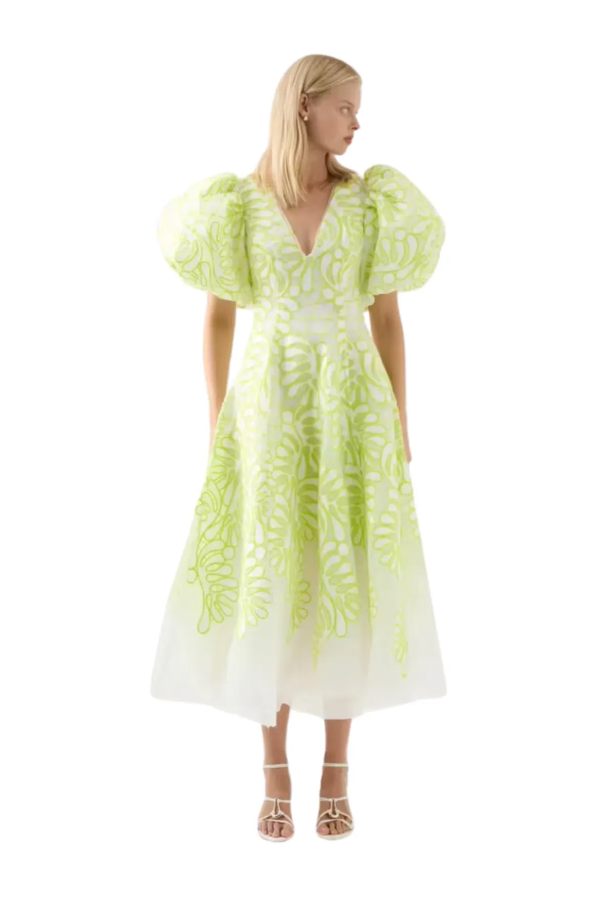 Aje Botanical Applique Midi Dress Ivory/Citrus Yellow Size 6 - Image 1