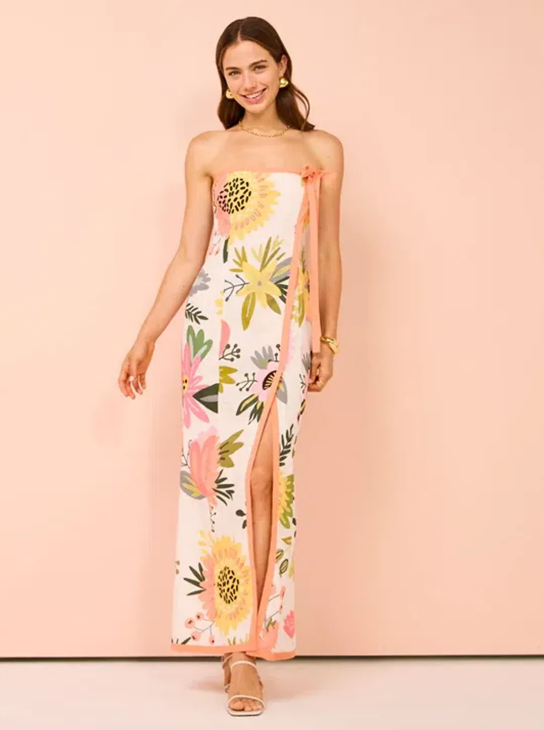 By Nicola Claudia Strapless Wrap Maxi Dress Potpourri/Melon Size 8 for rent on The Volte - main image