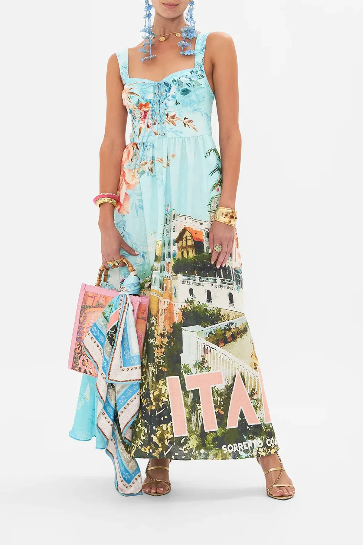 Camilla Eyelet Bustier Dress in From Sorrento With Love Print Size S / AU 10 - Image 1