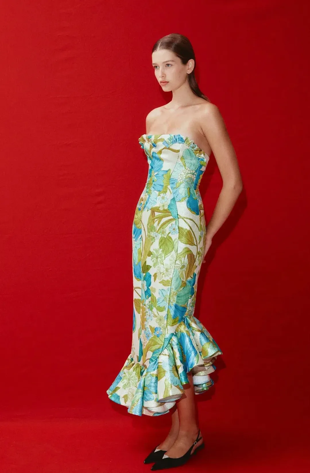 Alemais Janis Strapless Midi Dress Floral Print Size 10 for rent on The Volte - main image