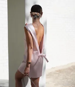 Helsa Heavy Satin Backless Bow Mini Dress Pink Size 6 for rent on The Volte - image 7