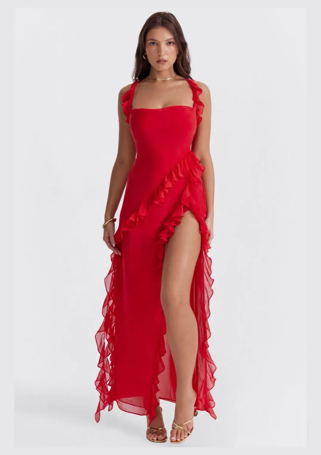 House of CB Ariela Ruffle Maxi Dress Cherry Red Size S / AU 8 for rent on The Volte - main image