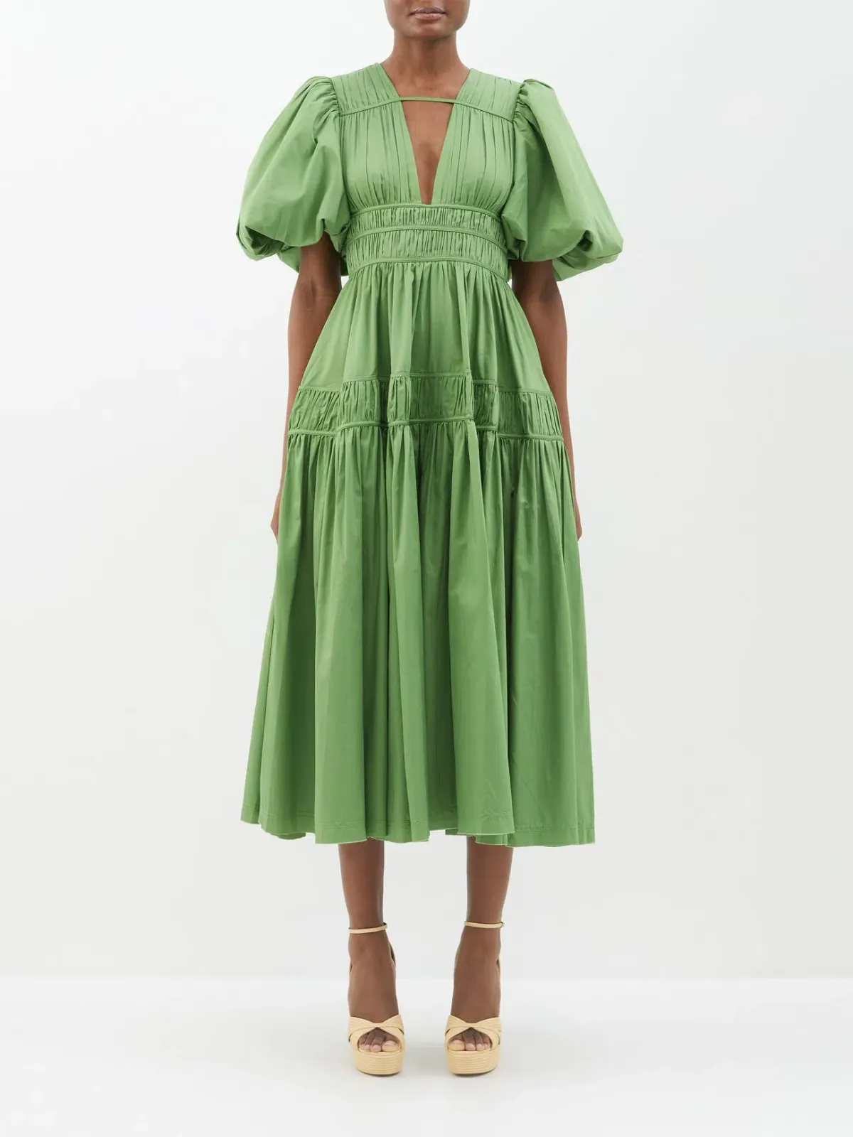Aje Fallingwater Pintuck Pleated Cotton Midi Dress Green Size 8 - Image 1