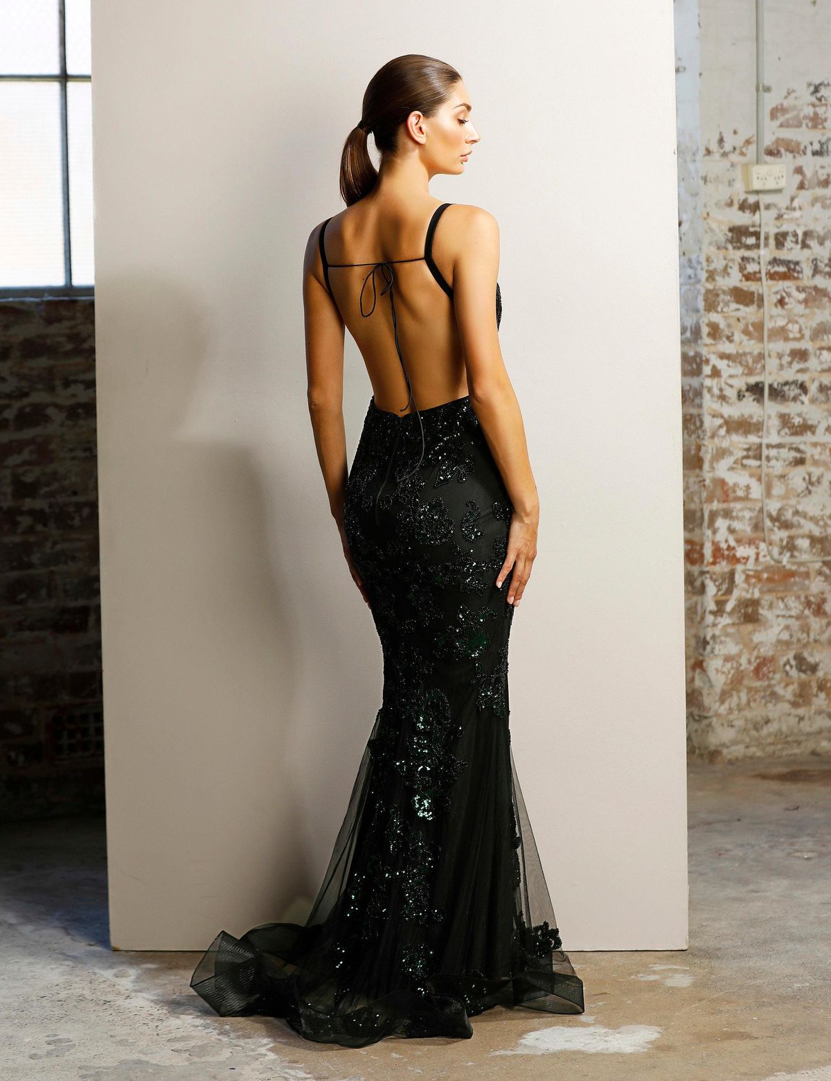 JADORE JX1106 - Black emerald green sequin gown - Image 2