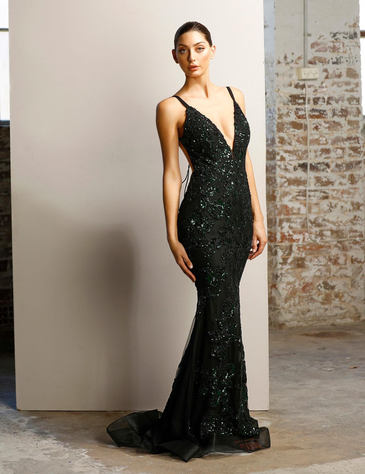 JADORE JX1106 - Black emerald green sequin gown - Image 1