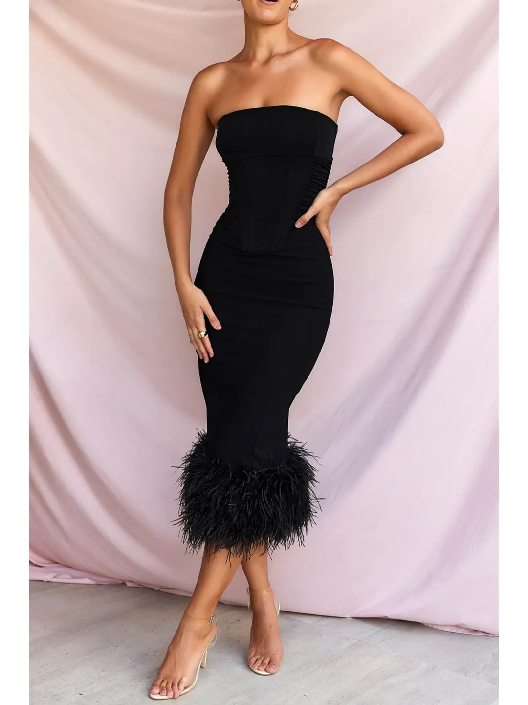 House Of CB Fionula Strapless Feather Corset Dress Black Size AU 10 for rent on The Volte - main image