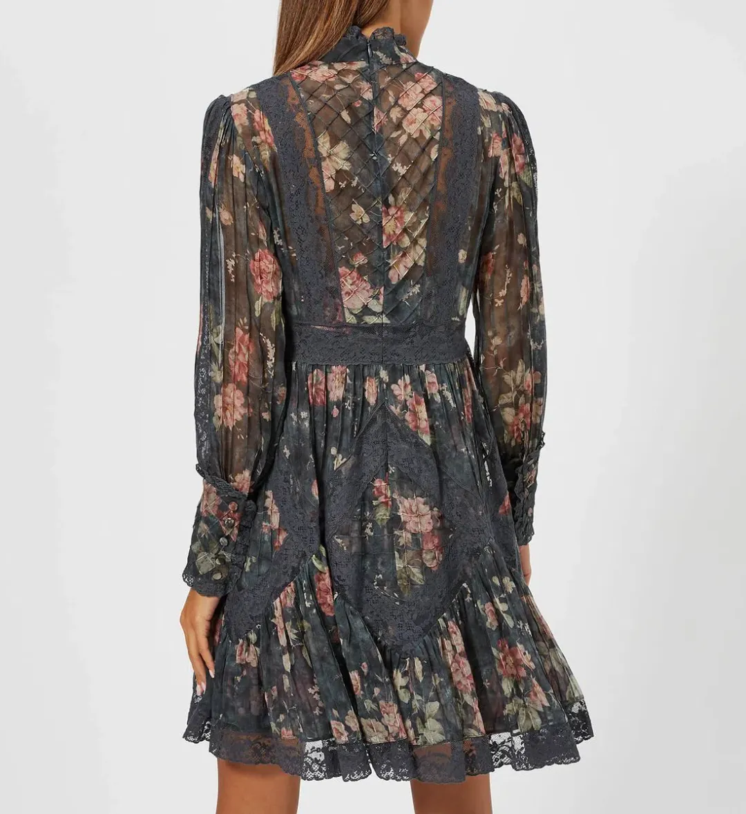 Zimmermann Unbridled Tucked Mini Dress Grey Floral Size 0 / AU 8 for rent on The Volte - main image