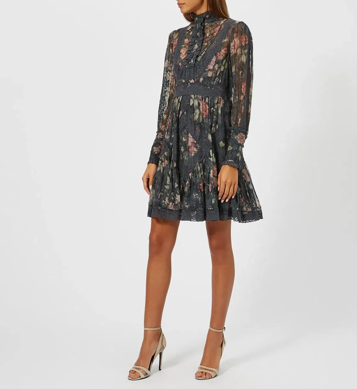 Zimmermann Unbridled Tucked Mini Dress Grey Floral Size 0 / AU 8 for rent on The Volte - main image